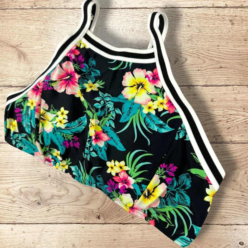 XHILARATION High Neck Halter Bikini Set Black Floral Tropical‎ Print Womens L